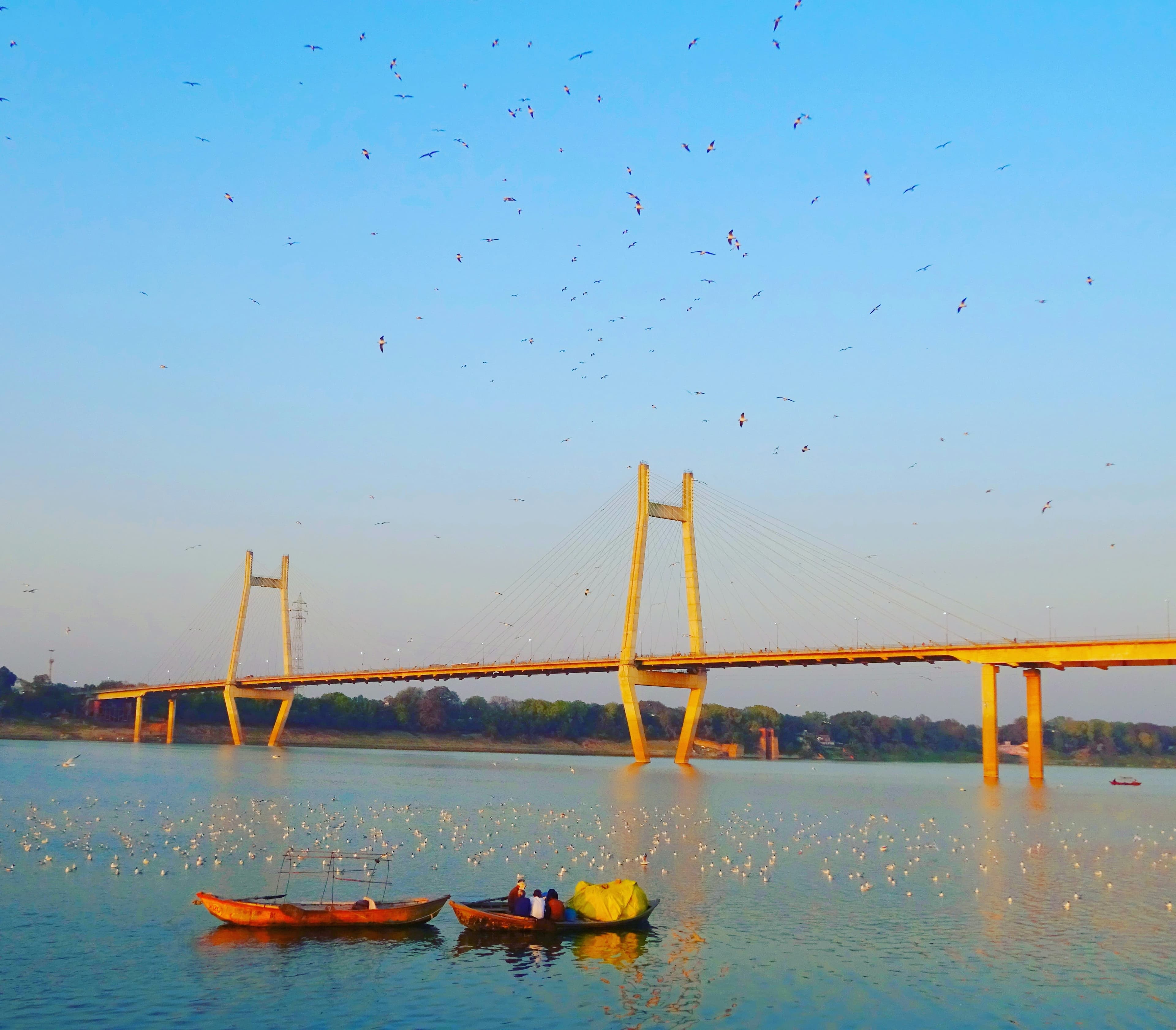 Prayagraj cable-stayed bridge over river with birds in blue sky — connecting communities for cleaner air