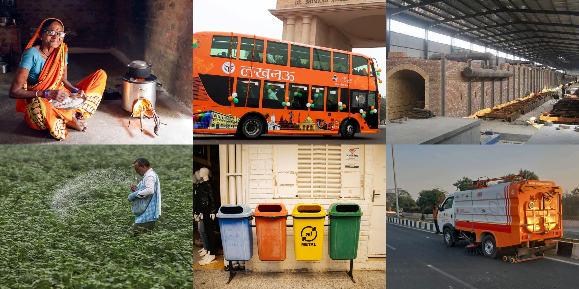Six RA2 sectors collage — clean cooking, transport, industry, agriculture, waste, and road dust management